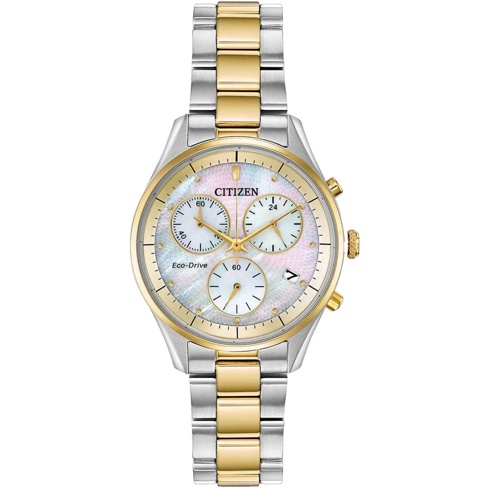 CITIZEN CHRONOGRAPH FB1444-56D WHITE DIAL TWO TONE BRACELET 32MM WOMENS WATCH